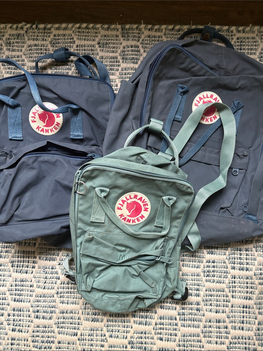 Kånken two blue large and one Green Mini Backpacks